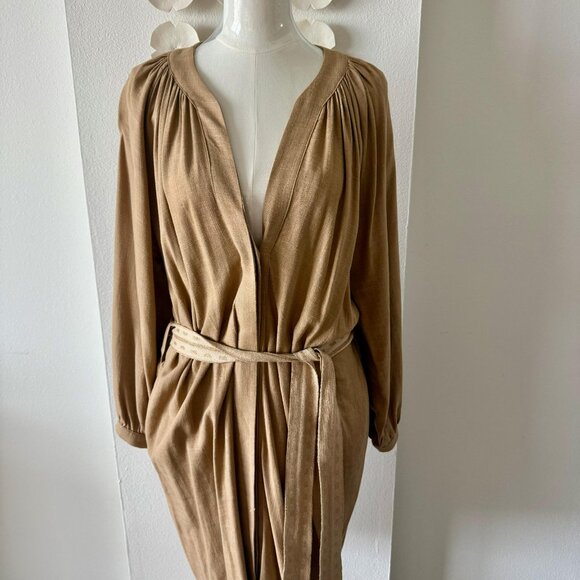 A.G.G.E.L. Greece Designer Linen-Blend Belted Dress – Camel, Size Large - Picture 5 of 8